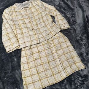 CAbi Cream and Gold Tweed Blazer and Skirt Set
